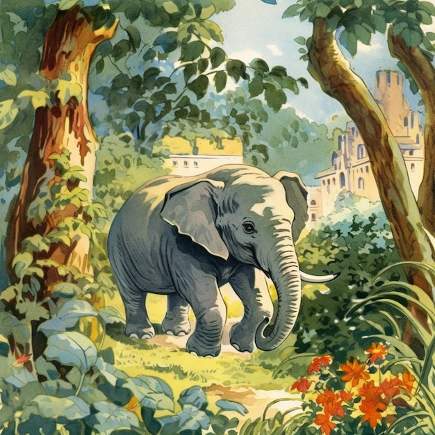 an elephant in a jungle with a building in the background.