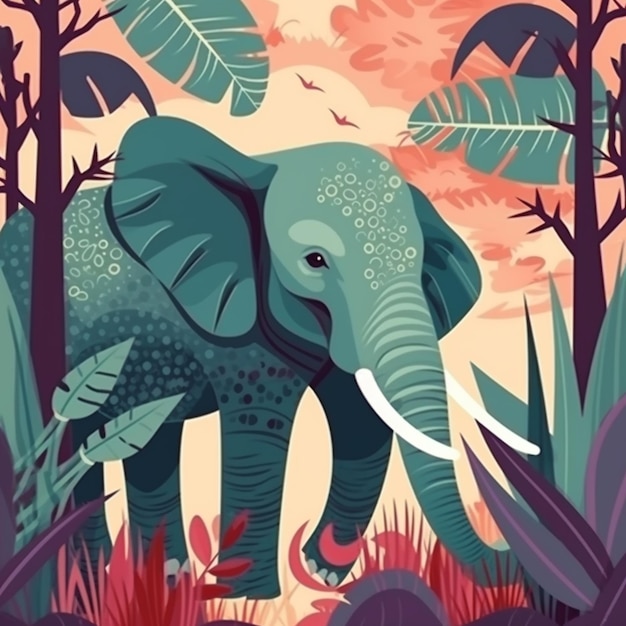 An elephant in the jungle with a pink background.