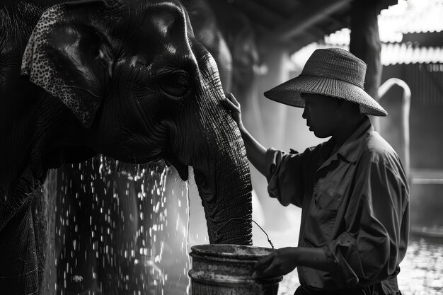 Photo a elephant keeper feeds an elephant with a bucket