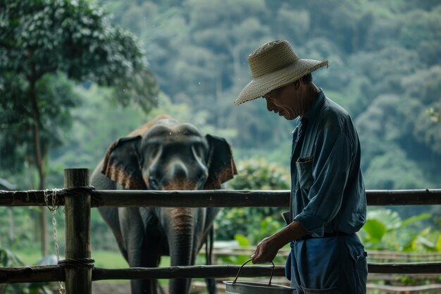 A elephant keeper feeds an elephant with a bucket