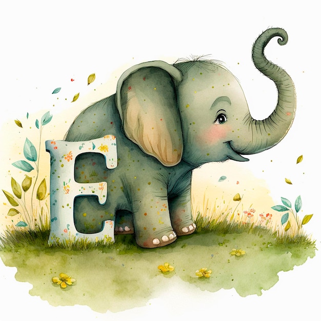 Photo elephant and letter e exploring nature and learning the alphabet watercolor illustration kids abc