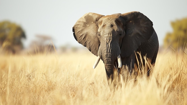 Слон смотрит через далекую саванну из размытого пустого пространства слева