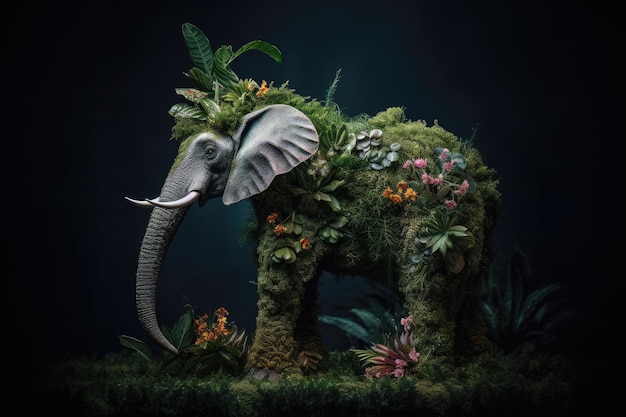 Elephant made of green moss with flowers and insects on a dark background Generated AI