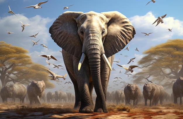 an elephant and many birds together