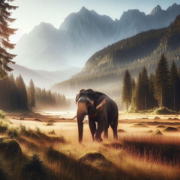 Photo elephant in a meadow in the middle of a forest