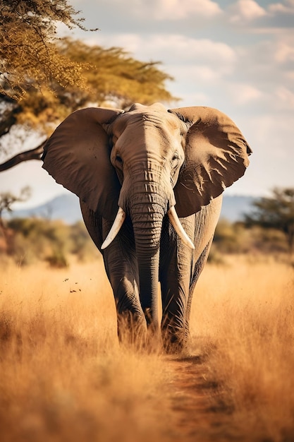 Elephant Pasturing On Meadow In Nature