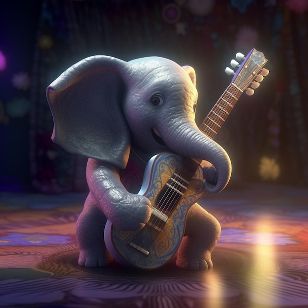 An elephant playing a guitar on a stage.