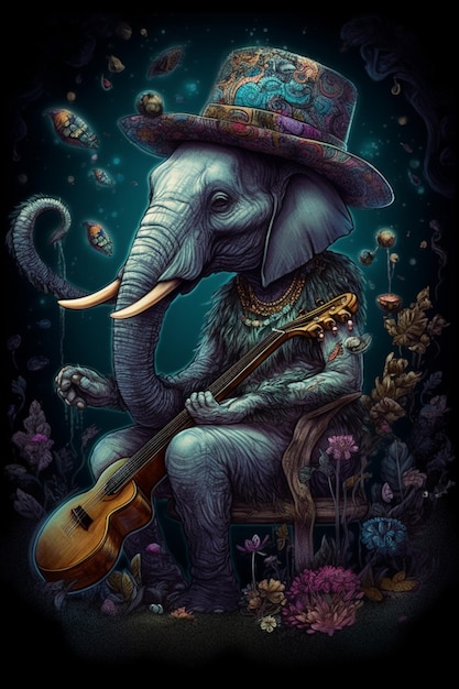 An elephant playing a guitar with a hat on it.