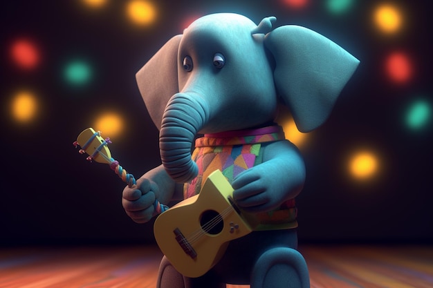 An elephant playing a guitar with a stick in his hand.