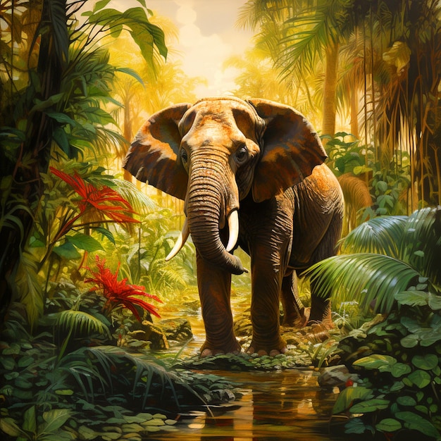 Elephant in rainforest jungle background