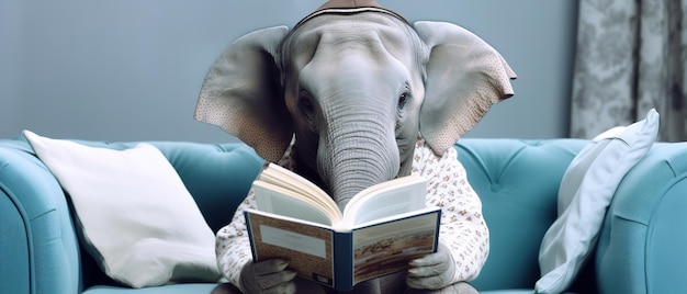 Photo elephant reading book on sofa learning and knowladge concept