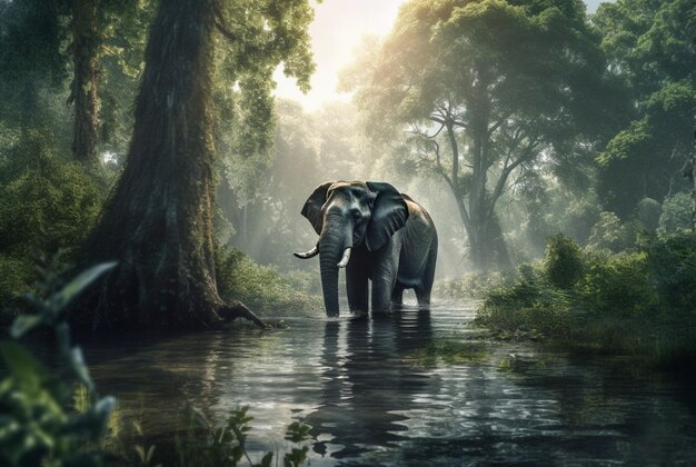 Elephant in the river in the middle of the forest generative ai