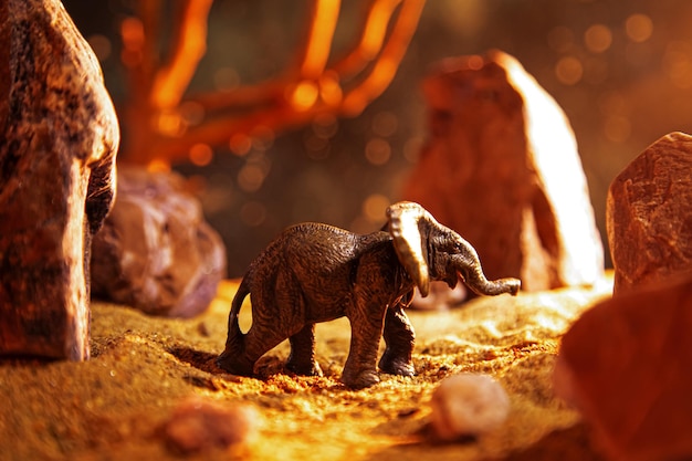 Elephant in a rocky gorge at night Creative scenery with a small miniature