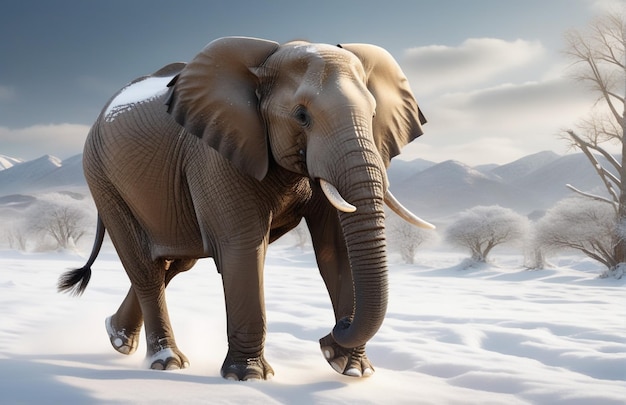 Elephant running on background track desert nature wildlife and snow