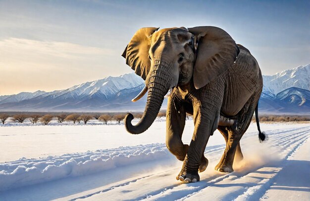 Elephant running on background track desert nature wildlife and snow