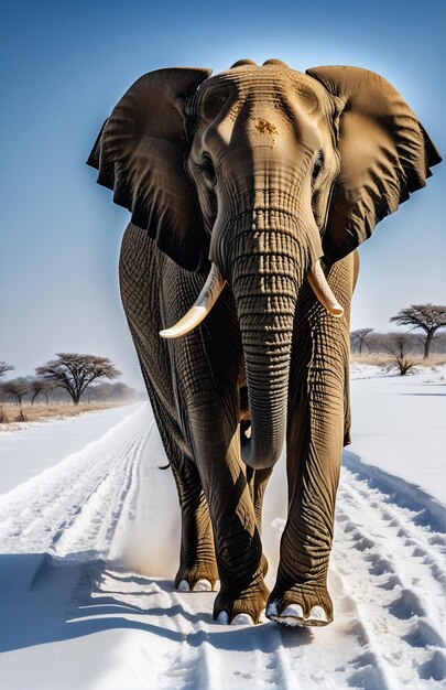 写真 背景のトラックで走るゾウ 砂漠の自然 野生生物と雪