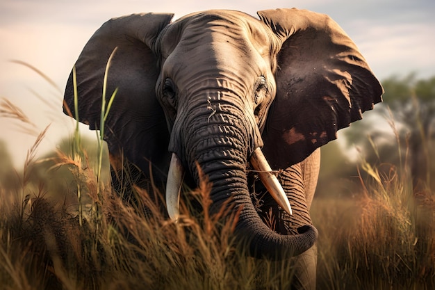 Elephant Savannah Eating Grass