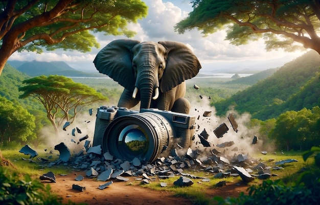 an elephant sitting on a large camera causing it to shatter