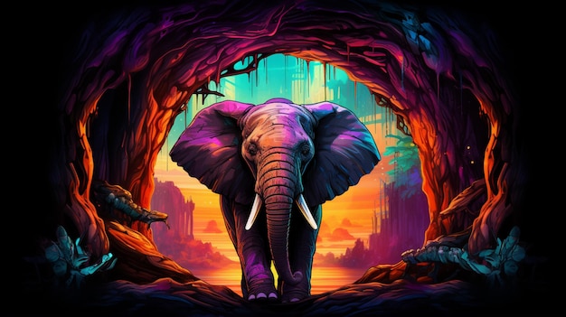 A Elephant sitting on the river bank neon color AI Generated Photo