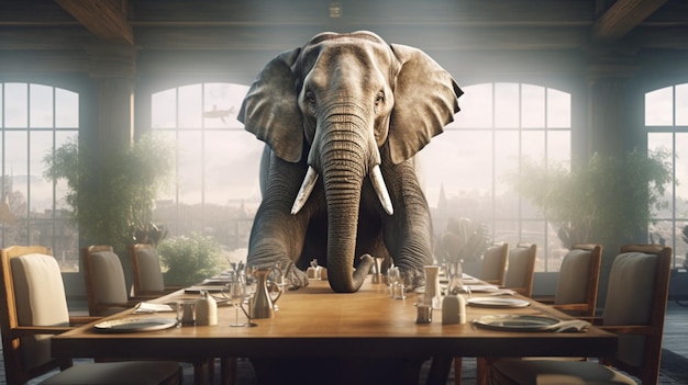 Elephant sitting at a table on executive meeting room generative ai