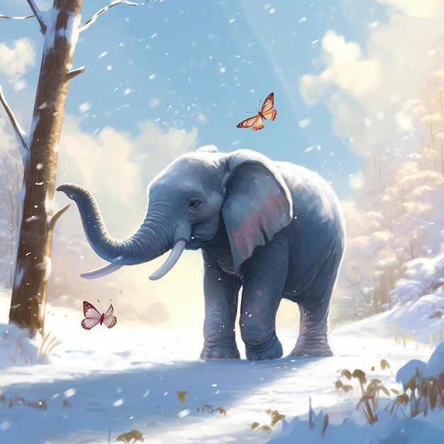 An elephant in the snow with a butterfly on the trunk