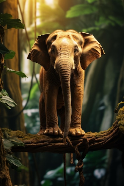 Elephant standing on a branch in the jungle