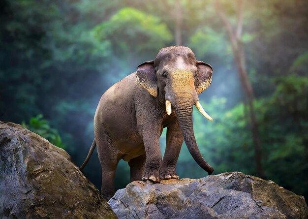 Foto un elefante in piedi su una roccia nella foresta