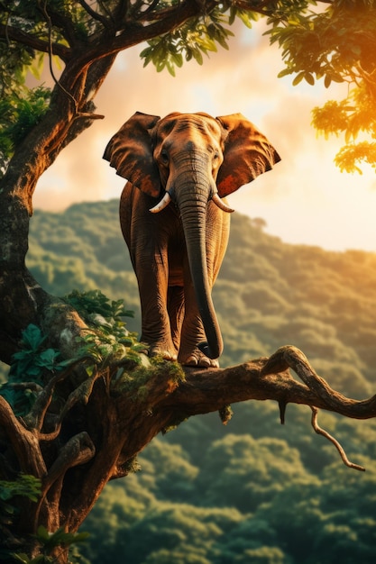 Elephant standing on a tree branch in the middle of a jungle