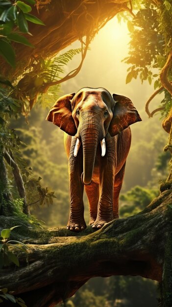 Elephant standing on a tree trunk in the jungle