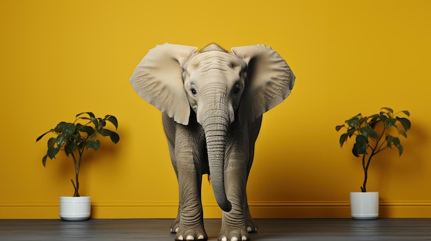 An elephant stands in a domestic setting evoking whimsy and the surreal juxtaposition of wildlife in