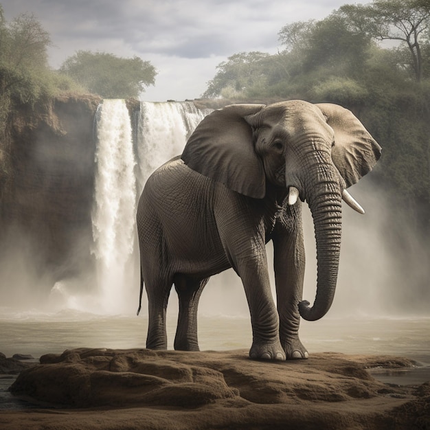 An elephant stands in front of a waterfall with a waterfall in the background.