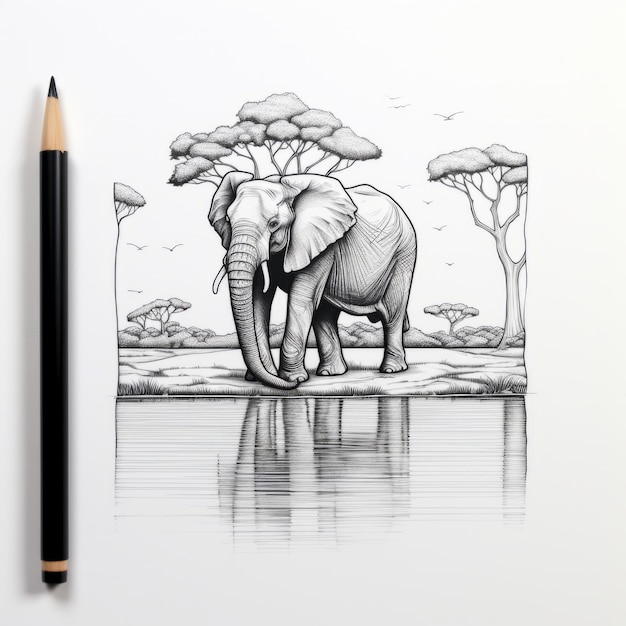 an elephant stands gracefully near a serene water area in this captivating pencil drawing. the portrait illustration showcases intricate details and symmetry, created with the use of ink. the sketch i