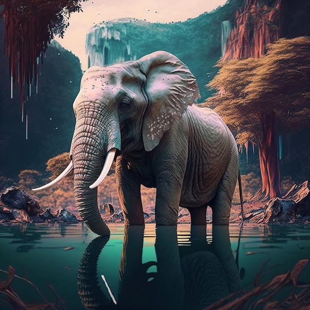 An elephant stands in a waterhole in a jungle