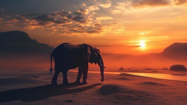 Photo elephant and sunset on desert generative ai