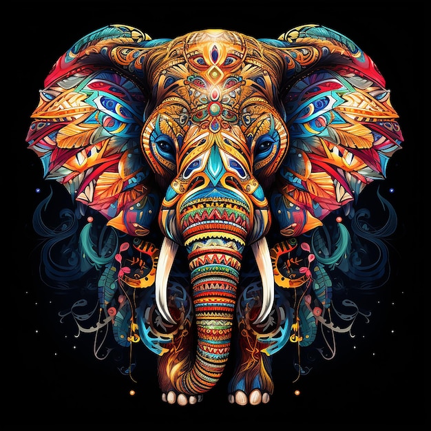 Elephant surrounded by multicolor tribal fusion pattern