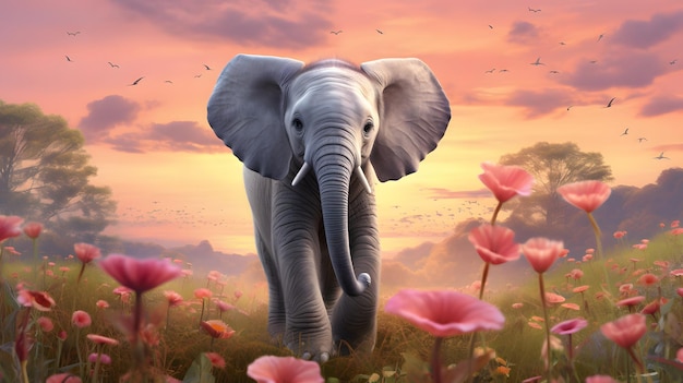 An elephant surrounded by a vibrant field of flowers