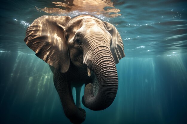 Foto un elefante che nuota sotto l'acqua con un raggio di sole sulla parte superiore dell'acqua