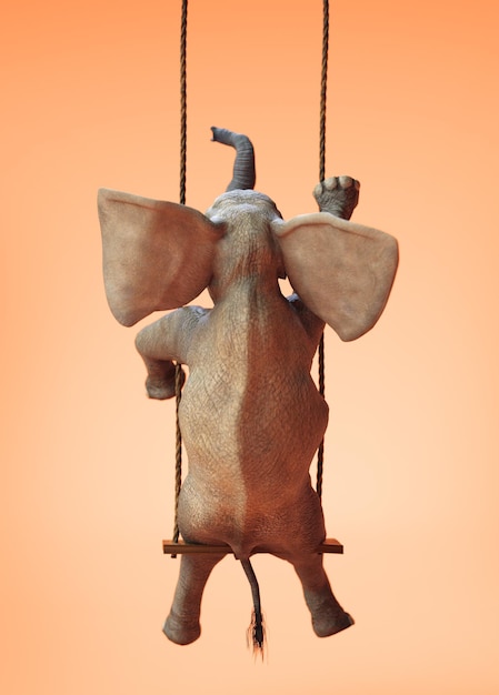 Elephant on a swing, 3d Illustration