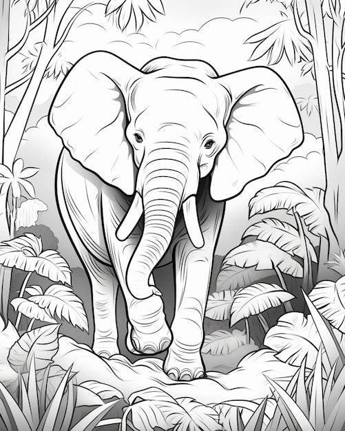 Elephant Through Jungle Coloring Page