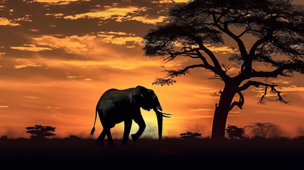 Elephant and tree silhouette on sunset background AI Generative AI Generative