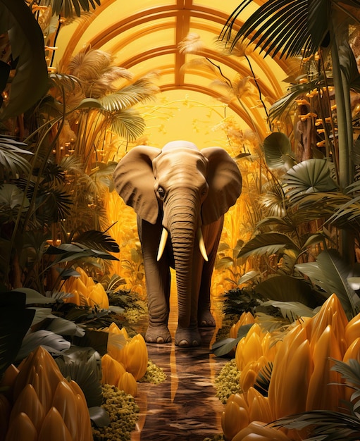 an elephant in a tunnel of flowers