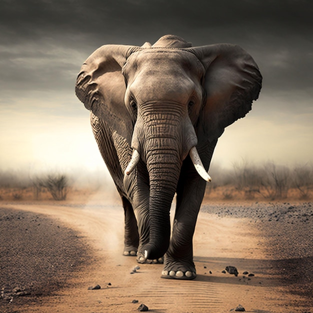 An elephant walking down a dirt road with a cloudy sky in the background.