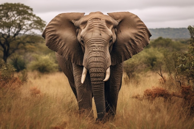 an elephant walking through a field