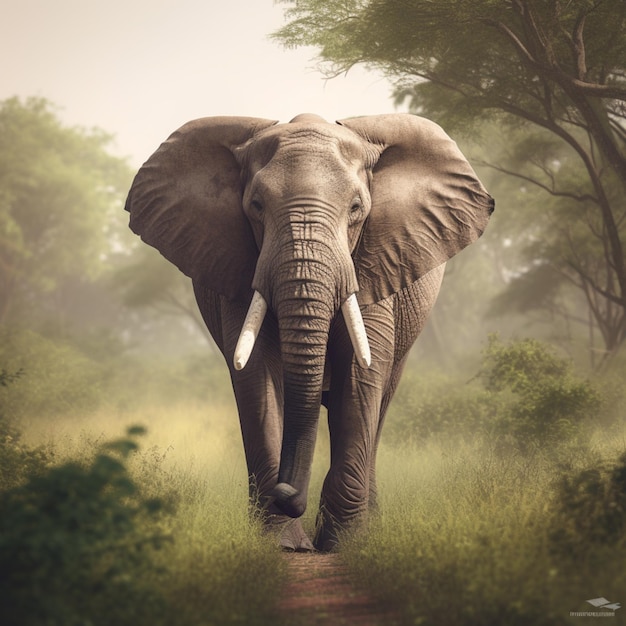 An elephant walking through a forest with the word elephant on it