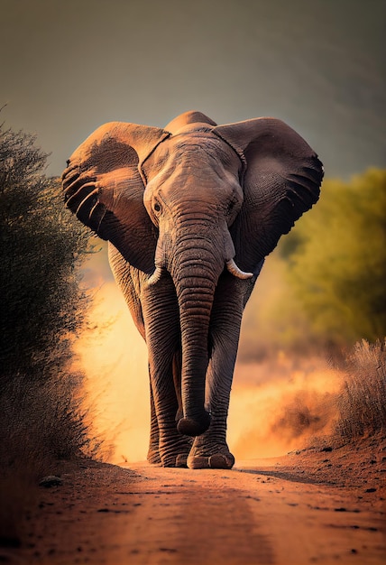 Elephant walking towards the camera on a dirt road generative ai