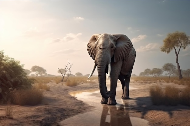 Elephant walking with nice landscape