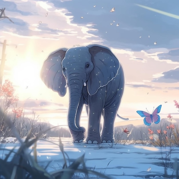 An elephant walks in the snow with a butterfly on the right side.