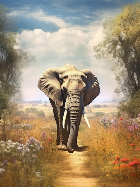 An elephant walks through a field of flowers