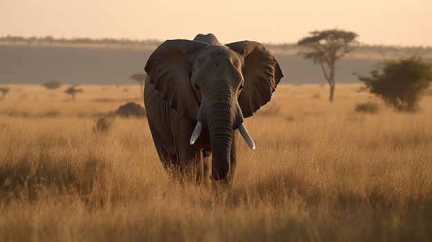 코끼리가 세렝게티의 풀 사이를 걷고 있습니다.