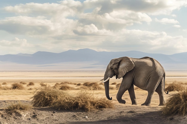 An elephant walks through the savannah in africa.